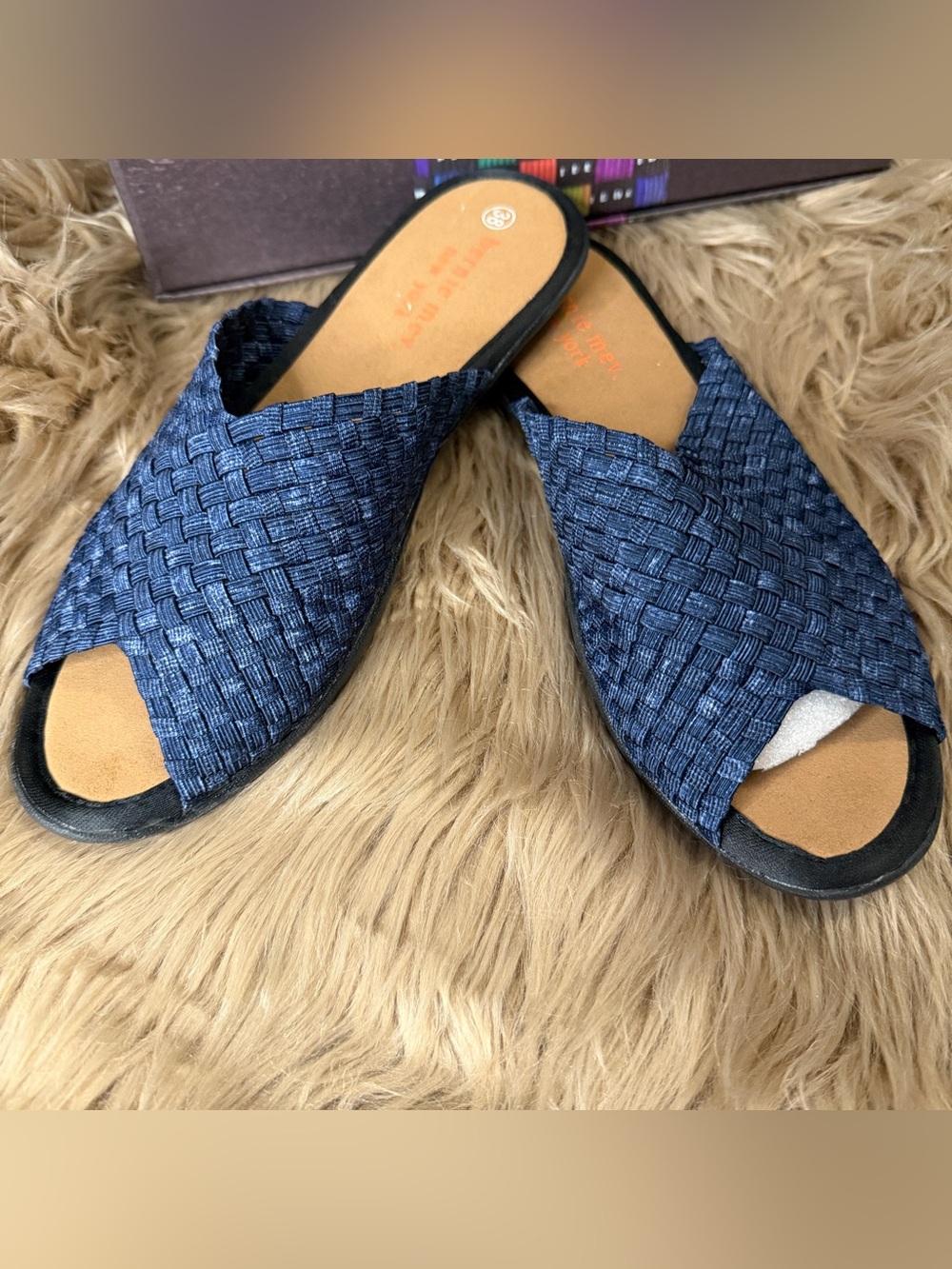 bernie mev. Bon Bon Jean Blue Woven Slide Mules, Flats, comfortable sz 38 or 7